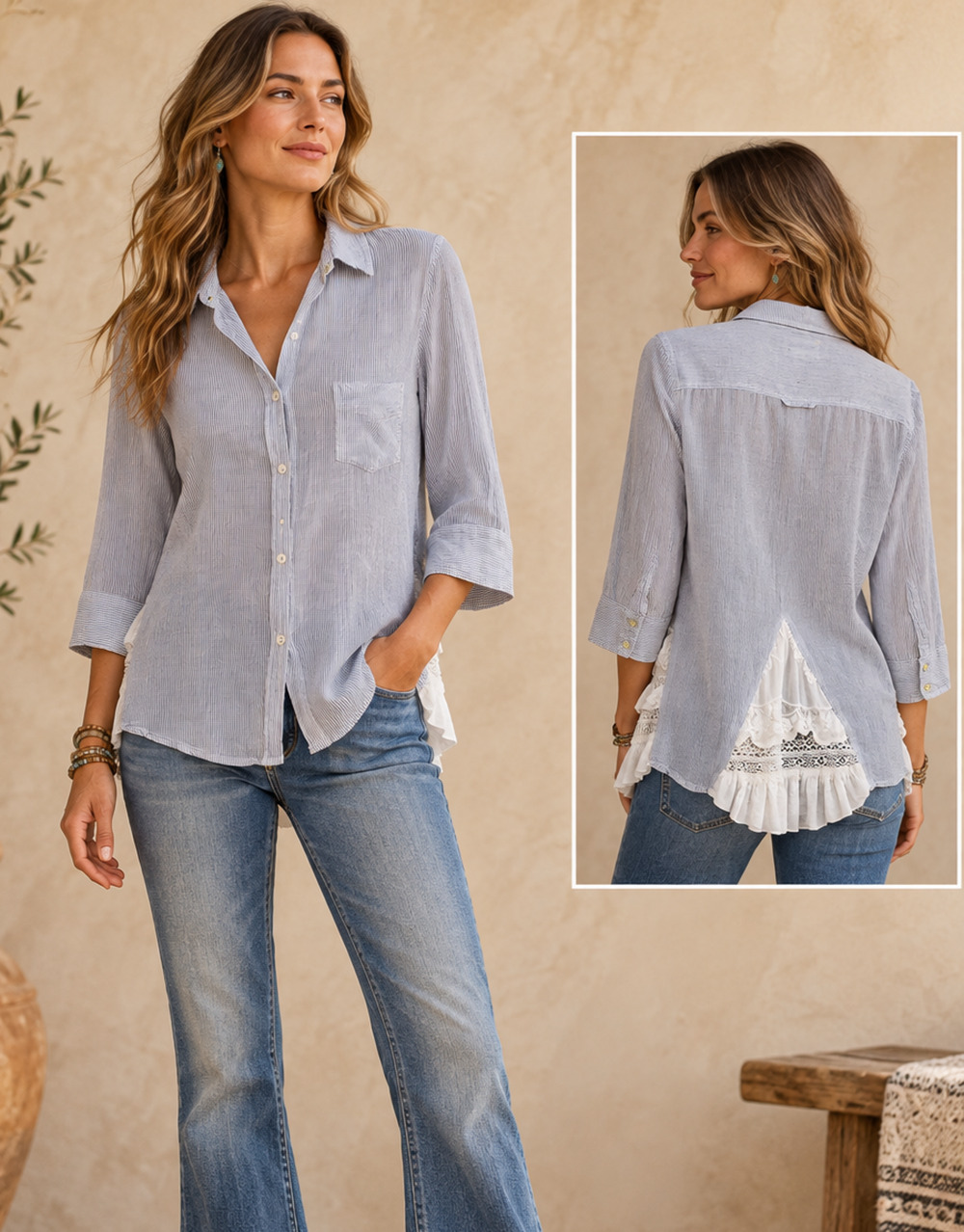 Anthro | Holding Horses Button Up 3/4 Sleeve Lace Trim Hem Shirt Bohemian Size 8